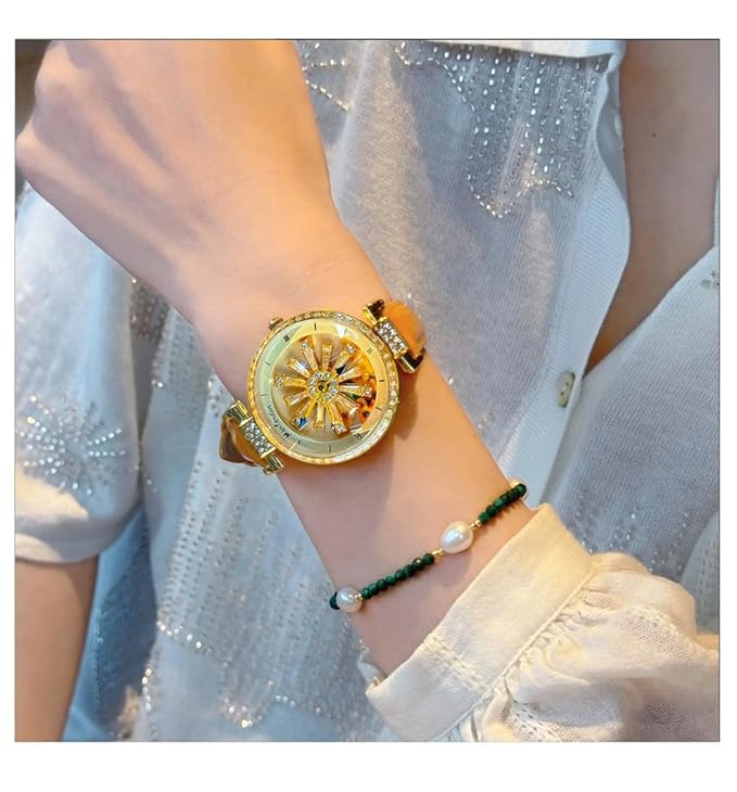 LYNZ Golden Sunflower Rotating Dial Luxury Women Watch