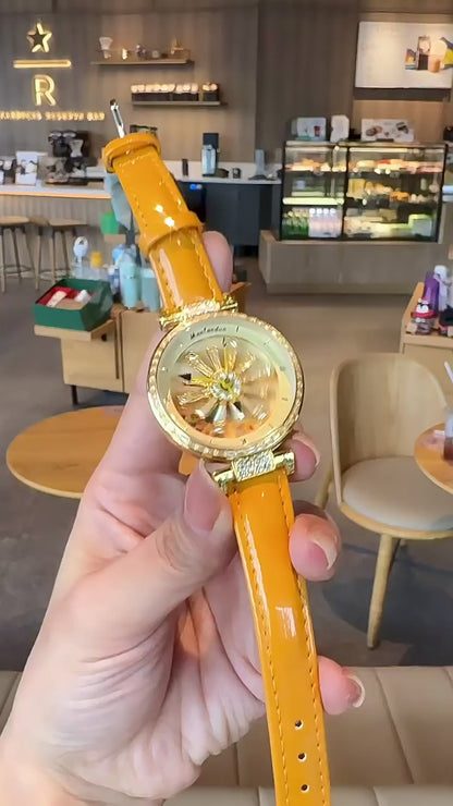 LYNZ Golden Sunflower Rotating Dial Luxury Women Watch